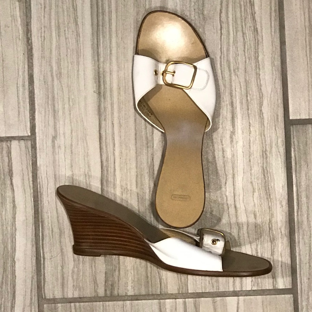 Coach White Wedge Sandals with Gold Buckle